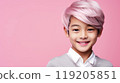 Portrait of a cute handsome happy Asian boy child blond with white hair and perfect skin, pink background, banner. 119205851