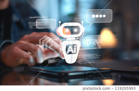 Human interact with AI artificial intelligence virtual assistant EIDE 119205993