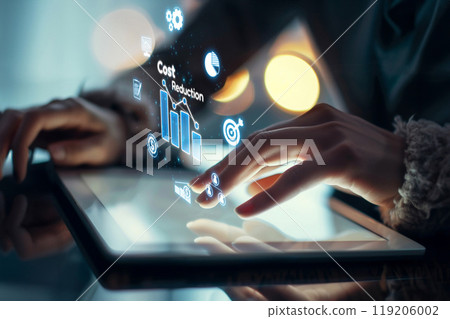 Cost reduction, cost saving concept shown by digital graphic EIDE overlays Cost reduction, cost saving concept shown by digital graphic EIDE overlays 119206002