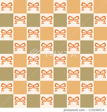 Coquette bows checkered seamless pattern. Vector hand drawn ribbon background in green and yellow colors. Coquette bows checkered seamless pattern. Vector hand drawn ribbon background in green and yellow colors. 119206014