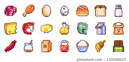 Pixel Art Food For Video Game Assets and Stickers - Meat, Chicken, Egg, Bread, Milk, Cheese, Butter, Oil, Fish, Flour, Sausage, Yogurt, Coffee, Rice. Isolated 8 Bit Grocery Market and Bakery Products. Pixel Art Food For Video Game Assets and Stickers - Meat, Chicken, Egg, Bread, Milk, Cheese, Butter, Oil, Fish, Flour, Sausage, Yogurt, Coffee, Rice. Isolated 8 Bit Grocery Market and Bakery Products. 119206037