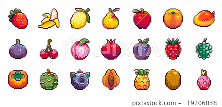 Pixel Art Tropical and Exotic Fruits and Berries Icon Set, Strawberry, Banana, Lemon, Apple, Mango, Fig, Cherry, Peach, Pomegranate, Pineapple, Kiwi, Papaya. Retro 8-bit Elements for Games and Design. Pixel Art Tropical and Exotic Fruits and Berries Icon Set, Strawberry, Banana, Lemon, Apple, Mango, Fig, Cherry, Peach, Pomegranate, Pineapple, Kiwi, Papaya. Retro 8-bit Elements for Games and Design. 119206038