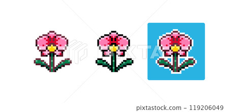 Pixel Art Orchid Icon Vector Illustration. Pink - Stock