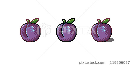 Pixel Art Plum Icon Vector Illustration. Exotic Berry Fruit Graphic Isolated Sticker. Retro 8 Bit Red Plum for Video Game, Mobile, Web. Food Digital Element. Digital Art Asset 119206057