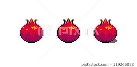 Pixel Art Pomegranate Icon Vector Illustration. Red Fruit Graphic Isolated Sticker. Retro 8 Bit Red Pomegranate for Video Game, Mobile, Web. Food Digital Element. Digital Art Asset 119206058
