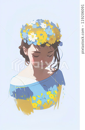 portrait of a girl in a wreath of yellow and blue flowers on a white background, Ukrainian costume 119206091