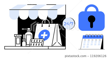 A medical store with various medications, a blue lock icon and a calendar. Ideal for healthcare access, 24 7 service, online security, pharmaceutical services and appointment scheduling. Minimalist A medical store with various medications, a blue lock icon and a calendar. Ideal for healthcare access, 24 7 service, online security, pharmaceutical services and appointment scheduling. Minimalist 119206126