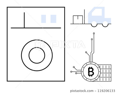 Simplistic style illustration of a digital currency symbol circuit, a minimalist representation of a washing machine, and a truck with a box. Ideal for cryptocurrency, logistics, blockchain, data 119206133