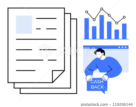 Multiple documents, bar chart with upward trend, and person holding a cashback sign. Ideal for business reports, analytics, financial management, marketing, customer rewards. Minimalist vector style 119206144