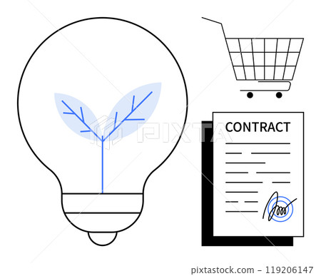 Light bulb with leaf, shopping cart, and signed contract. Ideal for business, innovation, sustainability, eco-friendly practices, and legal compliance. Clean and modern style 119206147