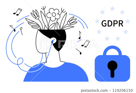 Person with plants and flowers growing from the head listening to music on earphones. Ideal for themes of mindfulness, data privacy, GDPR compliance, mental wellness, and digital security 119206150