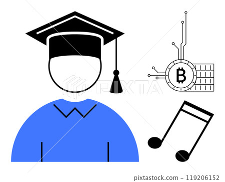 A graduate person icon wearing a cap with a Bitcoin symbol and a music note. Ideal for education technology cryptocurrency music innovation and future learning. Simple minimalist style A graduate person icon wearing a cap with a Bitcoin symbol and a music note. Ideal for education technology cryptocurrency music innovation and future learning. Simple minimalist style 119206152