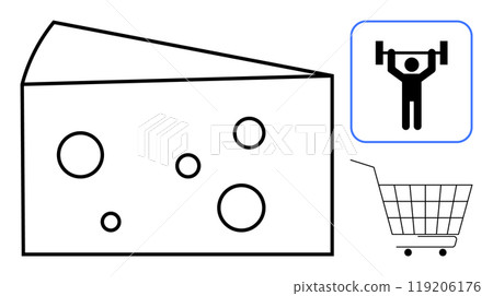 Large cheese piece with holes, small shopping cart, and weightlifting symbol. Ideal for health, fitness, grocery shopping, nutrition, and diet themes. Black and white line style Large cheese piece with holes, small shopping cart, and weightlifting symbol. Ideal for health, fitness, grocery shopping, nutrition, and diet themes. Black and white line style 119206176