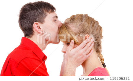 Couple. Woman is sad and being consoled by his partner 119206221