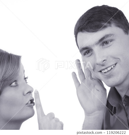 Woman telling man some secrets, couple talking 119206222