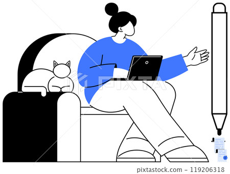 Person with a laptop sitting on a couch next to a cat, appears to be discussing something. Ideal for work from home, technology, comfort, remote work, and productivity themes. Simple minimalist style 119206318