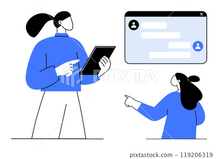 Two people interact with digital tools. One uses a tablet, while the other points to a chat window. Ideal for technology, communication, remote work, digital learning, online collaboration. Flat Two people interact with digital tools. One uses a tablet, while the other points to a chat window. Ideal for technology, communication, remote work, digital learning, online collaboration. Flat 119206319
