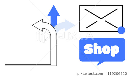 An upward arrow with a notification box featuring an envelope and another box with the text Shop. Ideal for illustrating email notifications, online shopping, communication, marketing, and navigation An upward arrow with a notification box featuring an envelope and another box with the text Shop. Ideal for illustrating email notifications, online shopping, communication, marketing, and navigation 119206320