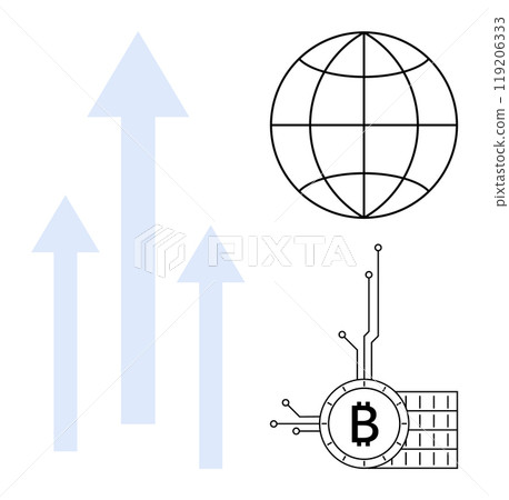 Blue arrows pointing upwards, a globe icon, and a Bitcoin symbol highlight themes of cryptocurrency, global finance, technological advancement, and growth. Ideal for technology, finance 119206333