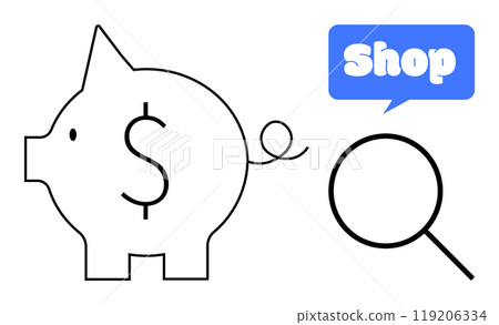 Piggy bank with dollar symbol, magnifying glass, and shop label. Ideal for themes like savings, shopping, financial growth, money management, and financial planning. Simple vector style 119206334