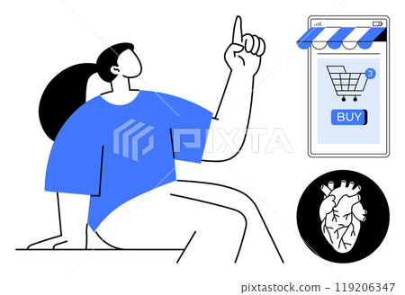 A person points upward next to a shopping cart icon on a mobile device. A stylized human heart appears below. Ideal for online shopping, mobile applications, health, consumer behavior, digital 119206347