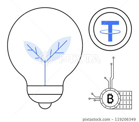 Lightbulb with leaf symbol, Tether cryptocurrency icon, and Bitcoin symbol with circuit connections presented in a clean design. Ideal for sustainability, cryptocurrency, finance, innovation 119206349