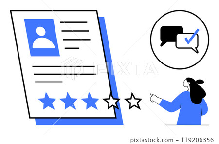 User profile with a blue photo, personal details, rating stars, and a woman pointing at speech bubbles with a checkmark. Ideal for customer feedback, user reviews, online ratings, performance 119206356