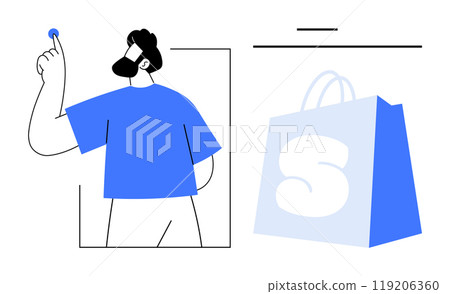 Man with raised arm interacting with digital interface next to a shopping bag symbol Ideal, for e-commerce digital marketing retail user interface and online shopping styles Minimalist flat vector 119206360