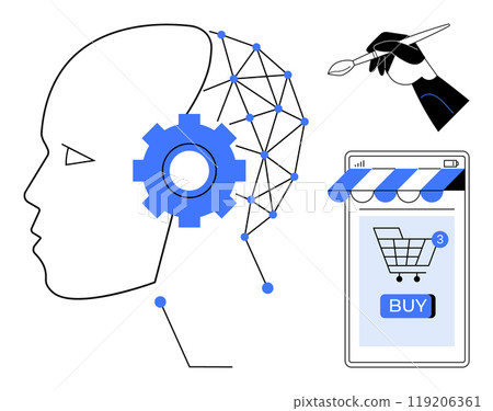 A simplistic style image showing a human head with a gear and neural connections, a hand holding a brush, and an online shopping mobile device. Ideal for artificial intelligence, creativity 119206361