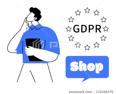 A person holding a tablet, with GDPR text encircled by stars and a speech bubble containing the word Shop. Ideal for online security, data protection, digital shopping, regulations, and compliance 119206370