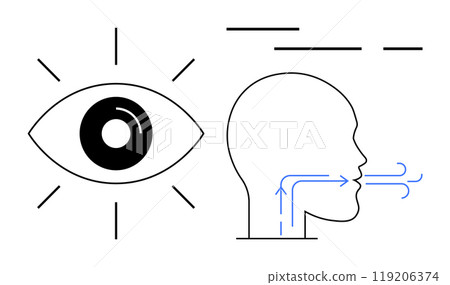 Large eye on left with lines radiating outward. Right side shows profile of person exhaling with blue arrows indicating airflow. Ideal for respiratory health awareness, vision care, medical diagrams 119206374