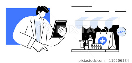 Pharmacist with tablet standing next to 24 7 pharmacy store offering various medical supplies and medications. Ideal for online pharmacies, digital healthcare, telemedicine, healthcare technology 119206384