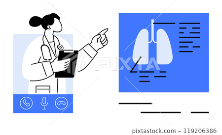 Doctor pointing at lungs diagram during online consultation. Doctor holding clipboard with communication icons below. Ideal for telemedicine, respiratory care, remote diagnostics, online healthcare 119206386