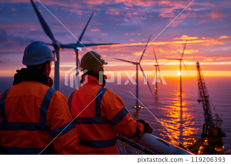 Technicians observe a stunning dawn at a coastal wind farm, surrounded by turbines and a vibrant sky 119206393