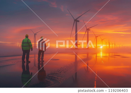 Technicians at dawn inspecting coastal wind farm with turbines silhouetted against a vibrant horizon 119206403