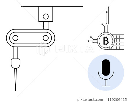 Robotic arm working with precision tool, cryptocurrency symbol resembling a circuit with a Bitcoin logo, and a podcasting microphone. Ideal for technology, automation, digital finance, media Robotic arm working with precision tool, cryptocurrency symbol resembling a circuit with a Bitcoin logo, and a podcasting microphone. Ideal for technology, automation, digital finance, media 119206415