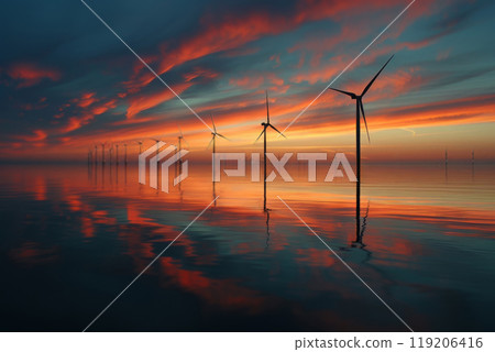 Early morning sunlight casts vibrant colors over an offshore wind farm with towering turbines and calm waters 119206416