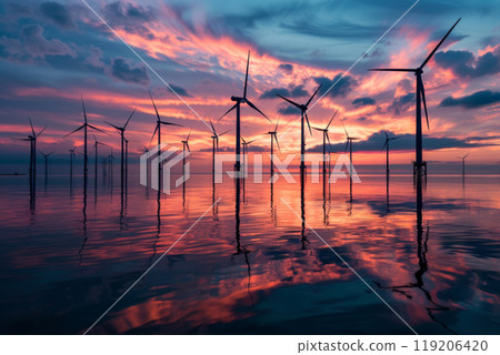 Early morning tranquility at an offshore wind farm with colorful skies and reflective waters 119206420
