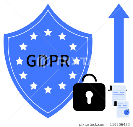 Blue shield labeled GDPR with twelve stars, black lock symbol, document, and upward arrow. Ideal for data protection, security, compliance, privacy policy, online safety. Minimalist digital design 119206423