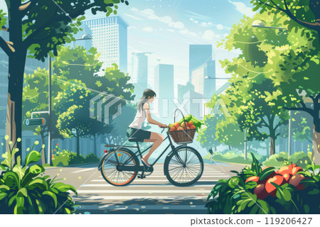 A woman rides a bicycle through a vibrant modern city, carrying fresh produce in a basket on a sunny day A woman rides a bicycle through a vibrant modern city, carrying fresh produce in a basket on a sunny day 119206427