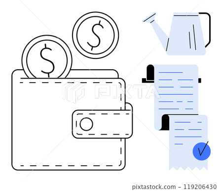 Wallet with coins, watering can, and receipts symbolizing financial growth and budget management. Ideal for financial planning, personal budgeting, savings, investment, and expense tracking. Simple Wallet with coins, watering can, and receipts symbolizing financial growth and budget management. Ideal for financial planning, personal budgeting, savings, investment, and expense tracking. Simple 119206430