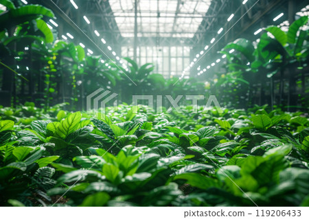Indoor farm thriving in a repurposed warehouse showcasing lush greenery under artificial lighting 119206433