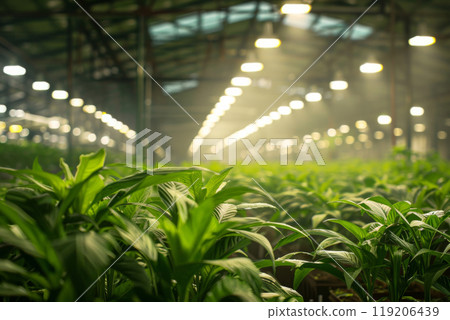 Indoor farm utilizing a repurposed warehouse for sustainable agriculture with vibrant green plants thriving under soft lighting 119206439