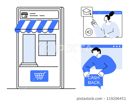 Online store with a blue-striped awning displayed on a smartphone screen. Two pop-up icons show a woman attending an online class and a man holding a cashback sign. Ideal for e-commerce, online Online store with a blue-striped awning displayed on a smartphone screen. Two pop-up icons show a woman attending an online class and a man holding a cashback sign. Ideal for e-commerce, online 119206451
