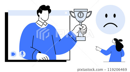 A person on a video call holding a trophy symbolizes victory and celebration. A sad face icon and another character pointing illustrate themes of disappointment and envy. Simple, modern style. Ideal A person on a video call holding a trophy symbolizes victory and celebration. A sad face icon and another character pointing illustrate themes of disappointment and envy. Simple, modern style. Ideal 119206469