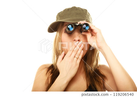 woman in military clothes with binoculars woman in military clothes with binoculars 119206540