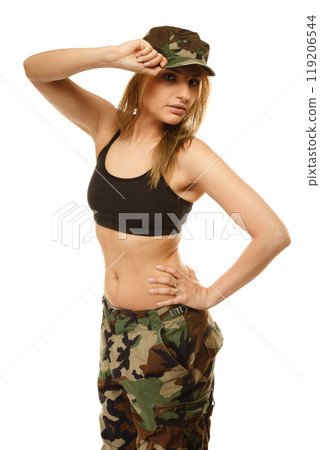Beautiful woman in military clothes isolated 119206544