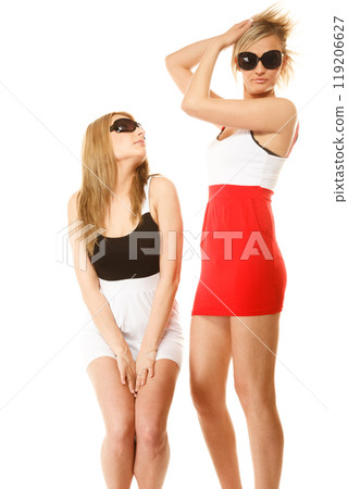 two sexy crazy women in summer clothes sunglasses. two sexy crazy women in summer clothes sunglasses. 119206627