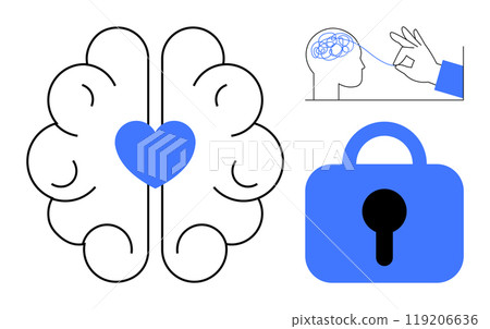 Brain with heart in the center surrounded by swirls, a hand connecting to brain circuitry, and a padlock. Ideal for mental health awareness, security of thoughts, emotional intelligence, brain health 119206636