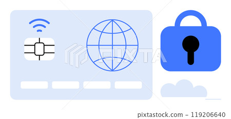 Credit card with chip, globe, blue lock, and a cloud. Ideal for digital security, online payments, global connectivity, financial protection, and modern technology. Minimalist blue and white style 119206640